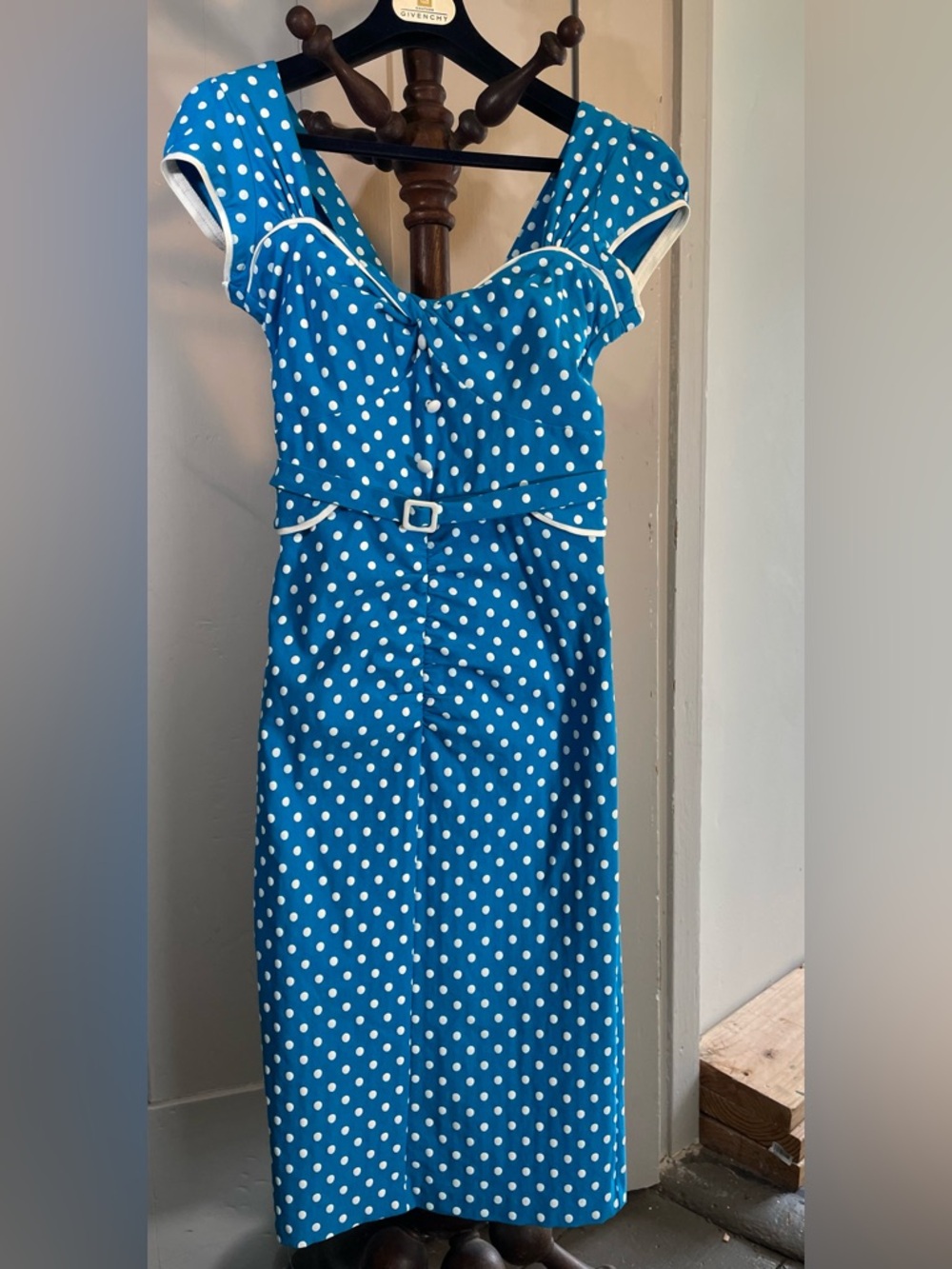 Stop Staring Teal Blue Polka Dot Midi Dress with White Trim
